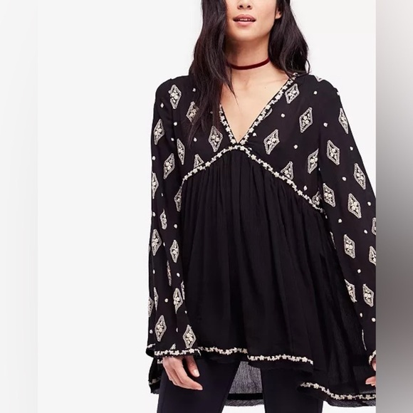 Free People Diamond Embroidered Smock Top Long Sleeve Whimsigoth Size Small - Picture 12 of 12